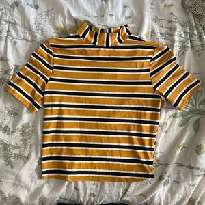 Mustard yellow mock neck short sleeve tee with stripes
